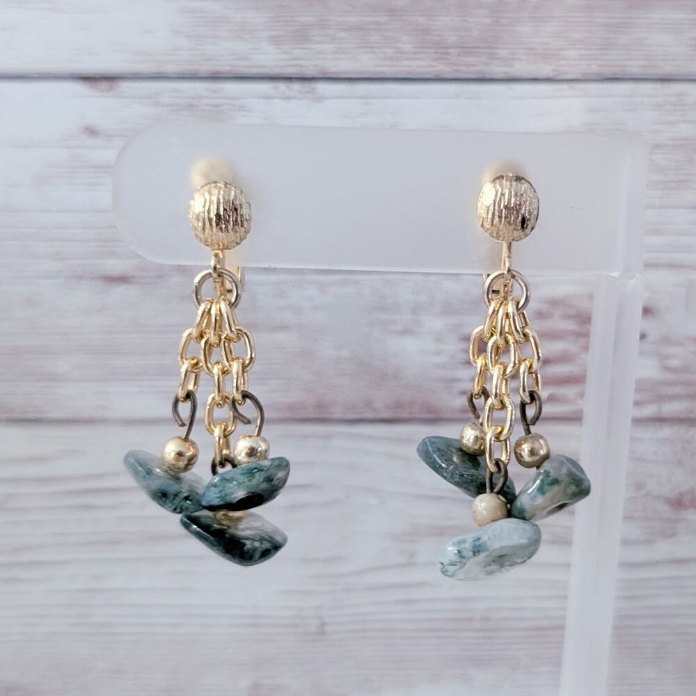 Vintage Clip On Earrings Green & Gold Tone Dangle Statement